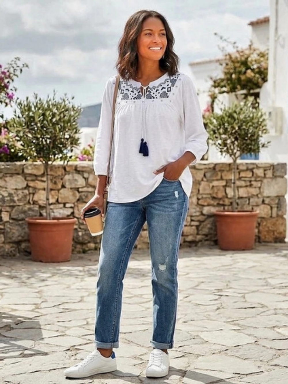 New Directions Embroidered Cotton Tunic in White Size Medium